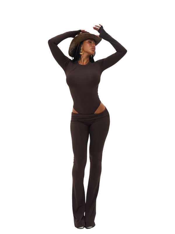 BODY THONG MANCHES LONGUES - MARRON