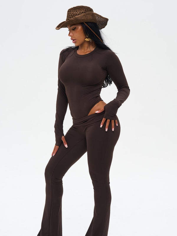 BODY THONG MANCHES LONGUES - MARRON
